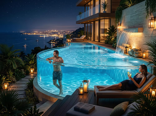 私人庭院、别墅庭院、地面透明亚克力游泳池设计定做