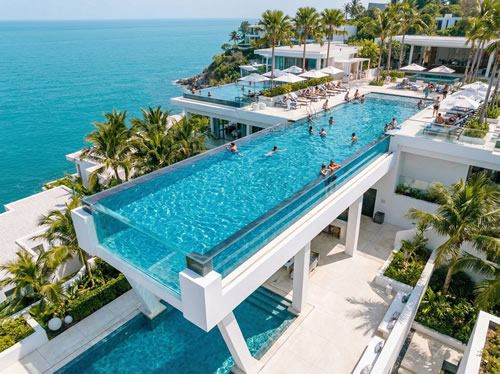 酒店、民宿、会所超大型悬空高空亚克力透明无边际游泳池设计定制