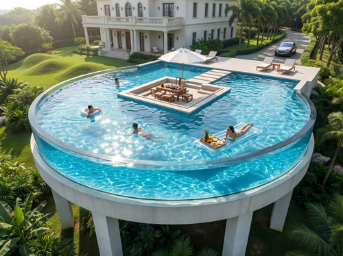 私人会所、私人庄园、休闲娱乐会所大型亚克力透明无边际游泳池设计定制