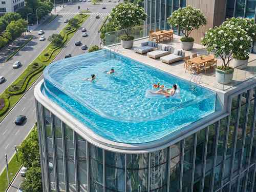 户外顶楼、侧边顶楼、悬空无边际透明亚克力游泳池设计定制