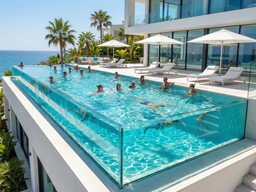 星级豪华酒店、高端民宿大型透明亚克力无边泳池设计